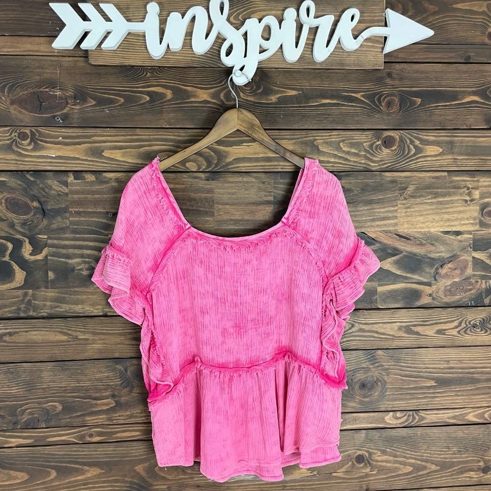 Bibi | Mineral Wash Gauze Ruffle Blouse Deep Square Neck Hot Pink Raw Frayed - Picture 12 of 14